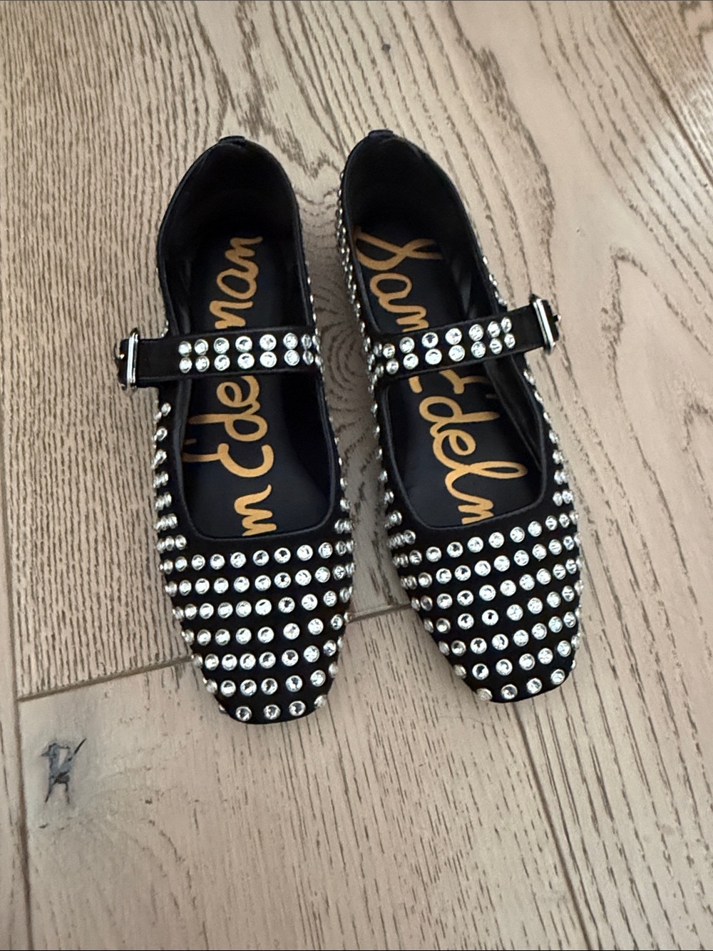 Sam Edelman Black Crystal-Embellished Mary Jane Flats Size 7